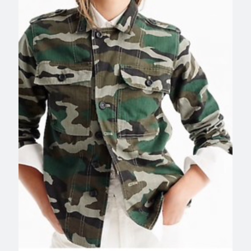 J Crew camo shirt jacket, size medium
